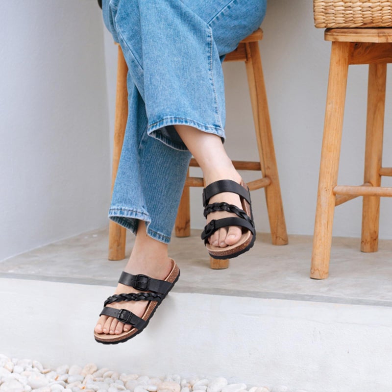 KIDMI Women's Cork Footbed Sandals with Arch Support Comfortable Slip-On Slide Sandals With Adjustable Buckle for Summer, Black 39 - Image 2