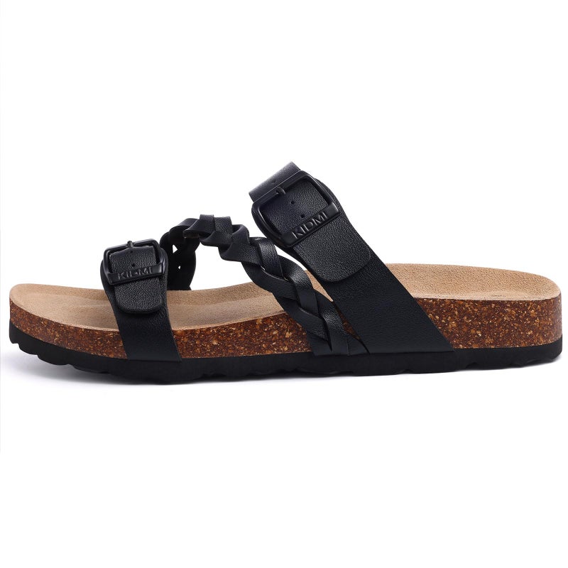 KIDMI Women's Cork Footbed Sandals with Arch Support Comfortable Slip-On Slide Sandals With Adjustable Buckle for Summer, Black 39 - Image 3