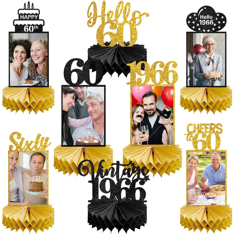 Eucutur 8Pcs 60th Birthday Decorations Honeycomb Centerpieces for Women Men Black Gold Vintage 1966 60th Bday Photo Table Centerpieces Party Supplies Glitter Cheers to 60 Year Old Bday Table Topper - Image 2
