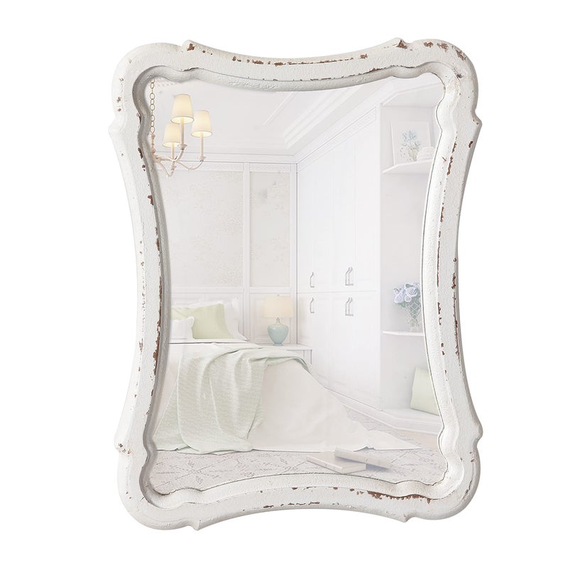 Sintosin Rustic Wood Framed Small Wall Mirror Decor 12 x 9 inches Handmade Distressed White Vintage Decorative Mirror Farmhouse Bathroom Mirrors for Vanity Hanging Ornate Accent Sculpted Mirrors