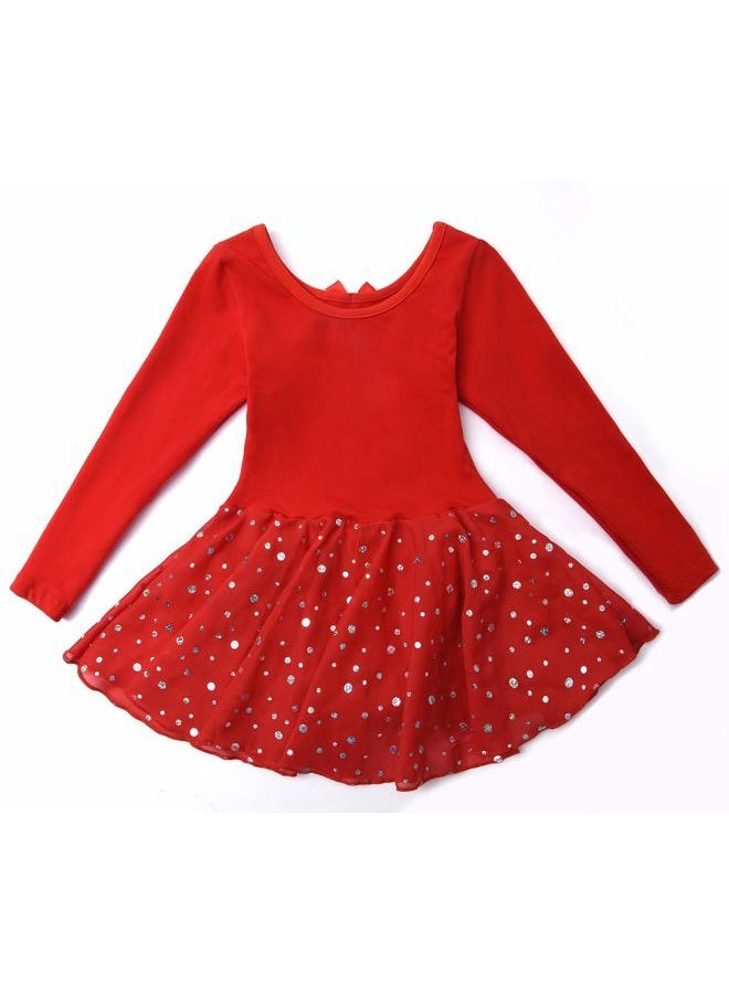 DANSHOW Girls Glitter Leotards for Ballet Dance Dress with Tutu Skirt Petal Sleeve, Skirted-long-red, 4-6 Years - Image 3