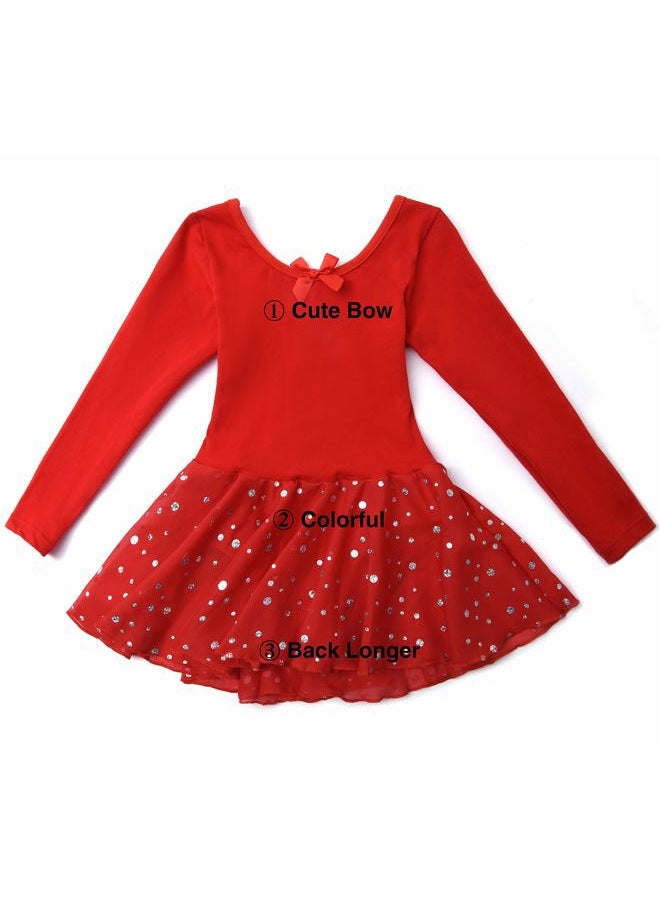 DANSHOW Girls Glitter Leotards for Ballet Dance Dress with Tutu Skirt Petal Sleeve, Skirted-long-red, 4-6 Years - Image 2