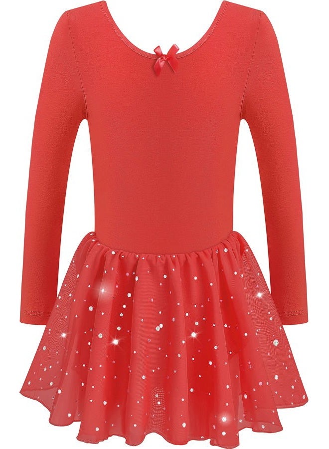 DANSHOW Girls Glitter Leotards for Ballet Dance Dress with Tutu Skirt Petal Sleeve, Skirted-long-red, 4-6 Years - Image 1