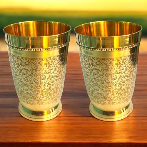 COPRASIA Brass Dining Glass | Drinking Brass Tumbler with Embossed Design | 300 ml Peetal Glass for Daily Use, Traditional Kitchenware & Pooja Use (Pack of 2) - Image 5