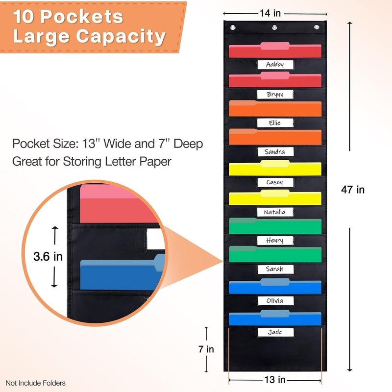 Opret 10 Pockets Storage Pocket Chart with 10 Nametag Pockets, Hanging Wall File Organizer for File Folders with 3 Hangers for Classroom, Office, School Mailbox Organizer and Home (Black) - Image 2