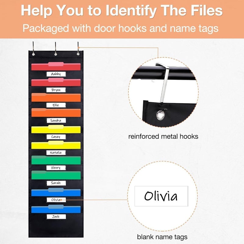 Opret 10 Pockets Storage Pocket Chart with 10 Nametag Pockets, Hanging Wall File Organizer for File Folders with 3 Hangers for Classroom, Office, School Mailbox Organizer and Home (Black) - Image 3