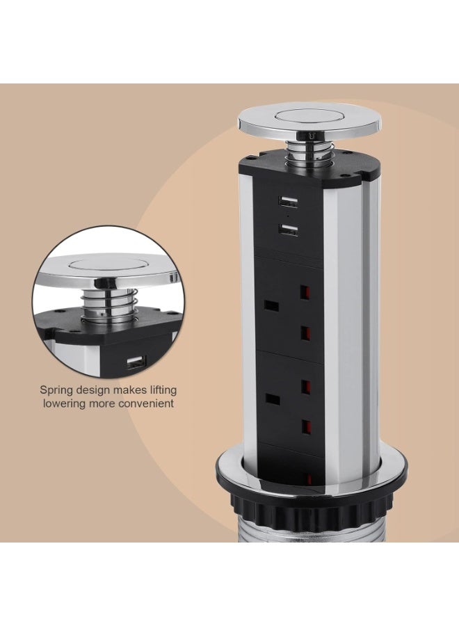 Pop Up Socket, Pull Pop Up Electrical Plug Socket with 3 UK Sockets & 2 USB Charger Ports for Home, Office, Kitchen, Worktops, Desktop, Aluminum Alloy Shell, 1.8 m Extension Cord (Silver + Black) - Image 4