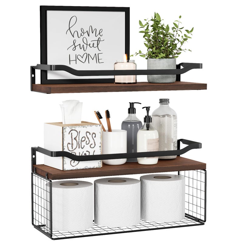 WOPITUES Floating Shelves with Wire Storage Basket Bathroom Shelves Over Toilet with Protective Metal Guardrail Wood Wall Shelves for Bathroom Bedroom Living Room Toilet Paper Dark Brown