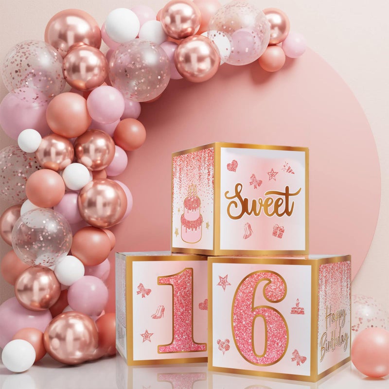 RTHPY Sweet 16 Party Decorations,16th Birthday Boxes Decor for Girls Women Sweet Sixteen Happy Birthday Banner Kits Pink Rose Gold Foil Balloons Party Supplies Rose Gold Tassel Curtain - Image 4