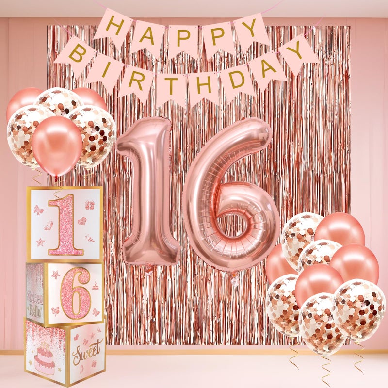 RTHPY Sweet 16 Party Decorations,16th Birthday Boxes Decor for Girls Women Sweet Sixteen Happy Birthday Banner Kits Pink Rose Gold Foil Balloons Party Supplies Rose Gold Tassel Curtain - Image 1