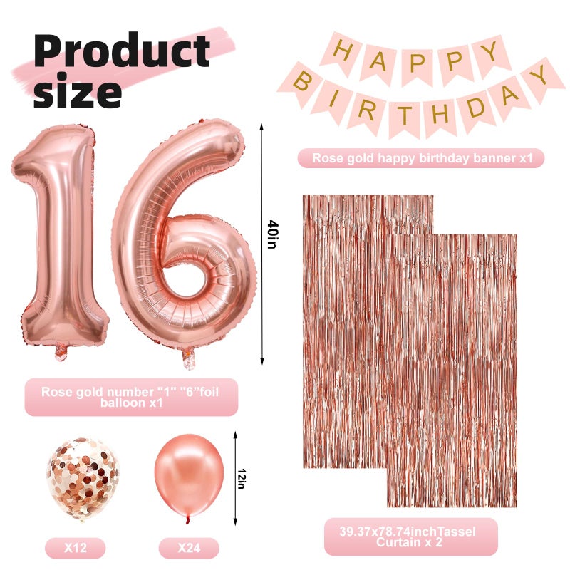 RTHPY Sweet 16 Party Decorations,16th Birthday Boxes Decor for Girls Women Sweet Sixteen Happy Birthday Banner Kits Pink Rose Gold Foil Balloons Party Supplies Rose Gold Tassel Curtain - Image 2