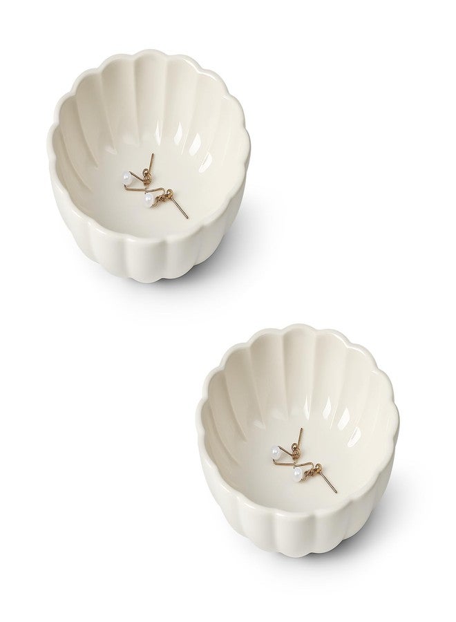 Koythin 2-Piece Small Trinket Dish, Ceramic Jewelry Ring Dish, Flower Key Holder Bowl for Women, Decorative Plate Tray for Dresser, Home Decor Organizer Trinket Tray (Round Petal Flower, White) - Image 1