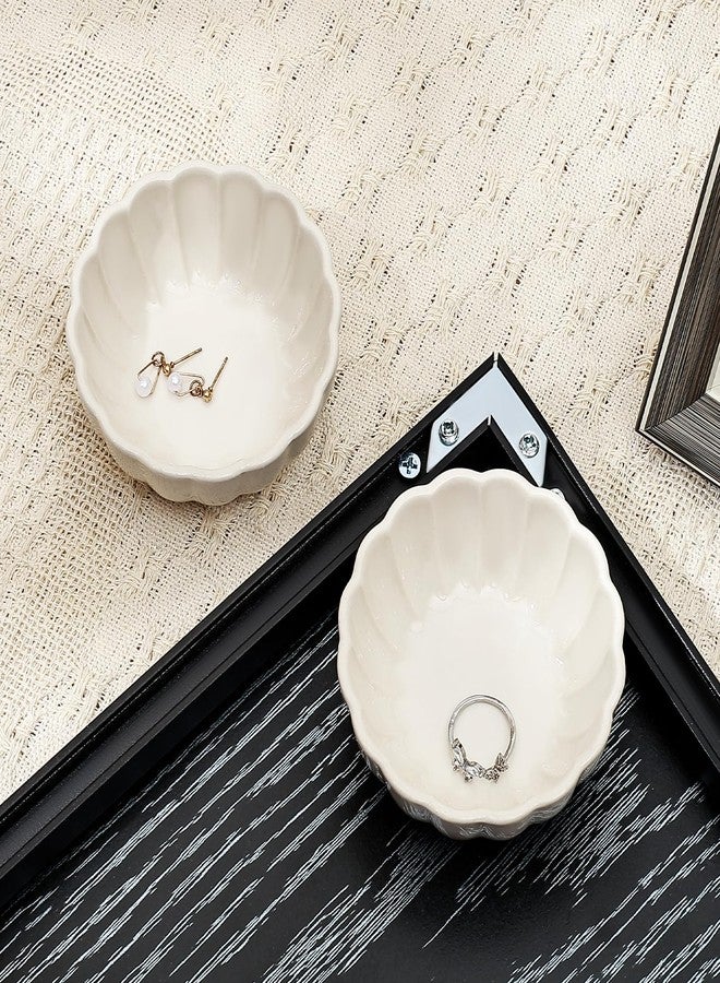 Koythin 2-Piece Small Trinket Dish, Ceramic Jewelry Ring Dish, Flower Key Holder Bowl for Women, Decorative Plate Tray for Dresser, Home Decor Organizer Trinket Tray (Round Petal Flower, White) - Image 3