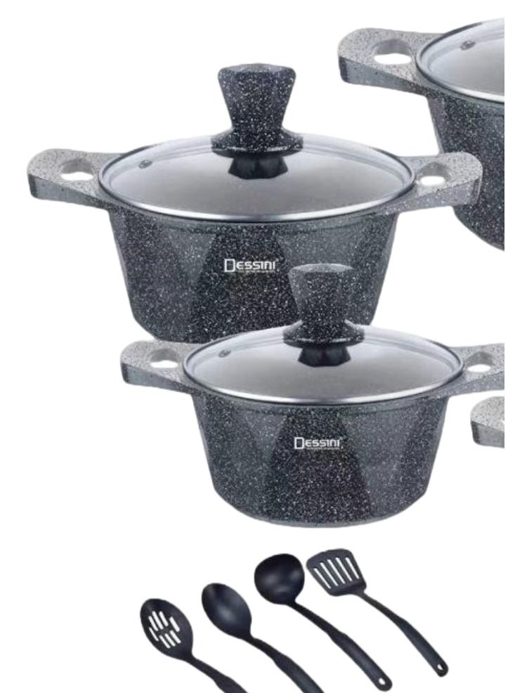 ديسيني طقم أواني طهي مطلي بالجرانيت 17 قطعة يشمل قدر خزفي 20 ، 24 ، 28 ، 32 سم مع غطاء ، قدر خزفي ضحل 28 سم و 7 قطع ملحقات الطهي - Image 2