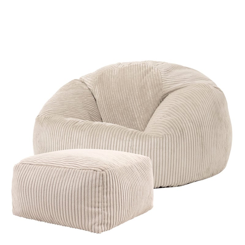 icon Kingston Cord Bean Bag with Footstool Beige Large Adult Bean Bag Chair with Filling Included Comfy Chair Pouffe Footstool Living Room Furniture Bedroom Furniture