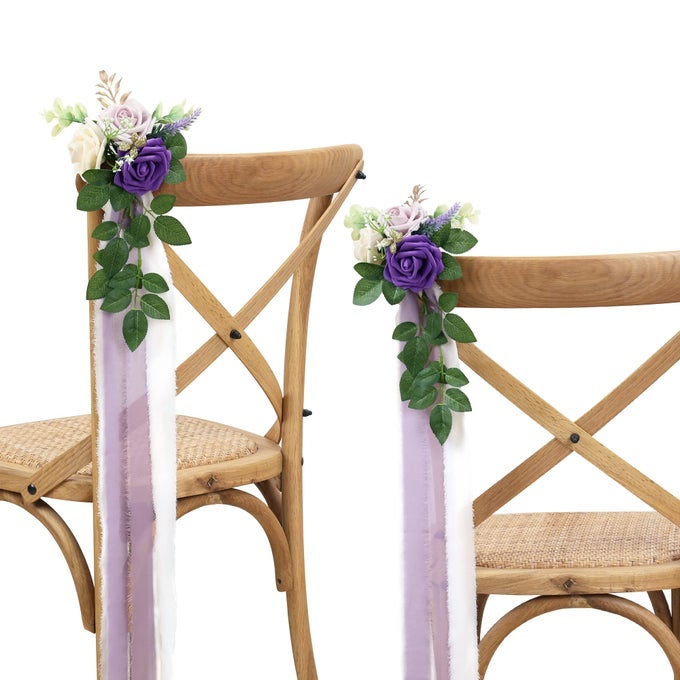 Wedding Aisle Decorations for Wedding Ceremony Set of 10 Pew Flowers for Church Chair Decorations Party Decor with Artificial Flowers Eucalyptus and Ribbons Purple