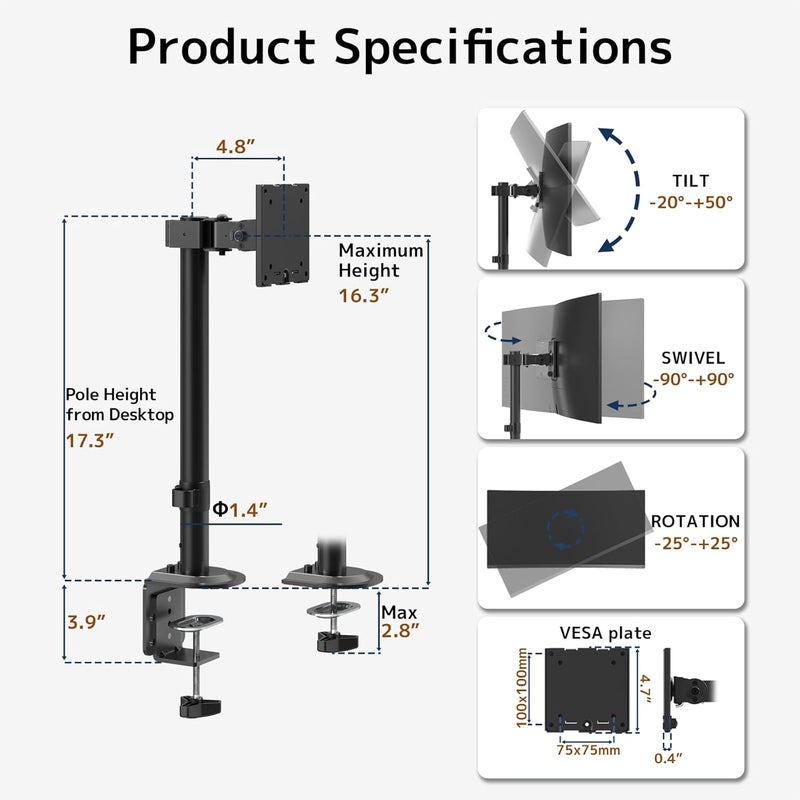 Putilsen Mount Monitor mount for 1 monitor, 17-49 inches - Vertical screen mount, height-adjustable with 20 kg load capacity, tiltable, swiveling, rotatable, VESA 75/100 mm, black - Image 4