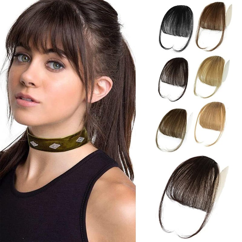 hengya Clip on Bangs Real Human Hair Clip in Bangs Extensions Durk Brown Air Bangs Fringe with Temples Hairpieces for Women Curved Bangs for Daily WearDurk Brown Bangs - Image 2