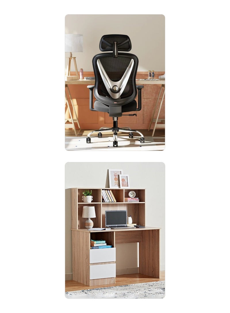 HOLLUDLE 2 Pcs Study Desk Set - Home Box Alford Patara Study Desk with Hutch + Holludle Ergonomic Mesh Office Chair - Image 1