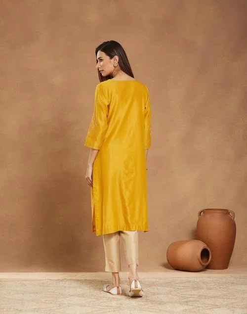 Fabindia Yellow Cotton Silk Embroidered Long Kurta