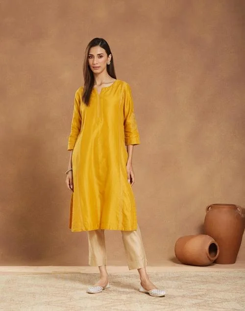 Fabindia Yellow Cotton Silk Embroidered Long Kurta