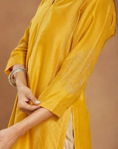 Fabindia Yellow Cotton Silk Embroidered Long Kurta