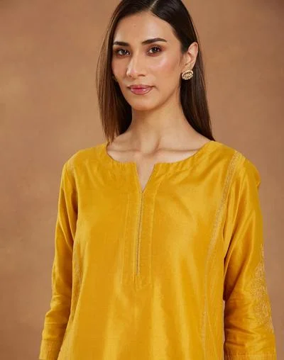Fabindia Yellow Cotton Silk Embroidered Long Kurta