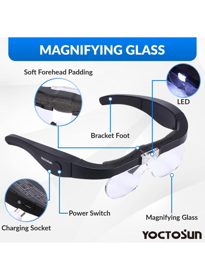 YOCTOSUN نظارات مكبرة قابلة للشحن مع عدسات قابلة للفك 1.5X 2.5X 3.5X 5X وأضواء LED مزدوجة أفضل نظارات مكبرة للقراءة والهوايات - Image 3