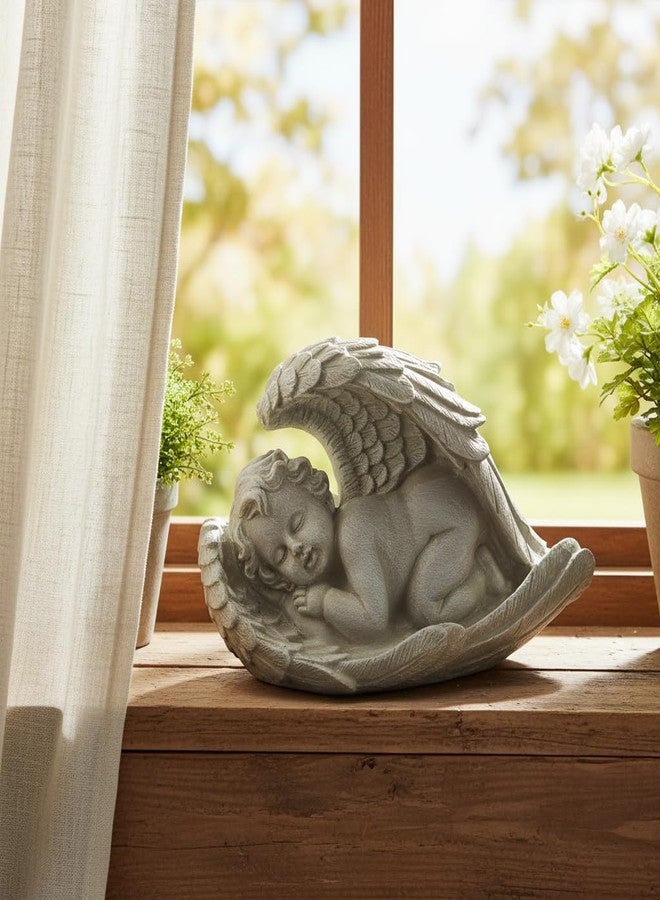 Comfy Hour تمثال ملاك صغير رمادي اللون من كومفي آور، مقاس 9 بوصات × 9 بوصات، ينام بجناحيه، قطعة ديكور منزلية عتيقة الطراز، مصنوعة من الراتنج، قطعة زخرفية سماوية منفردة للاستخدام الداخلي والخارجي على الطاولة - Image 4