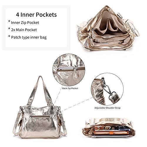 Angel Kiss Handbags for Womens Top-Handle Hobo Purse Roomy Casual Shoulder Bags PU Tote Satchel Purse for Womens 1gold X-Large - Image 4