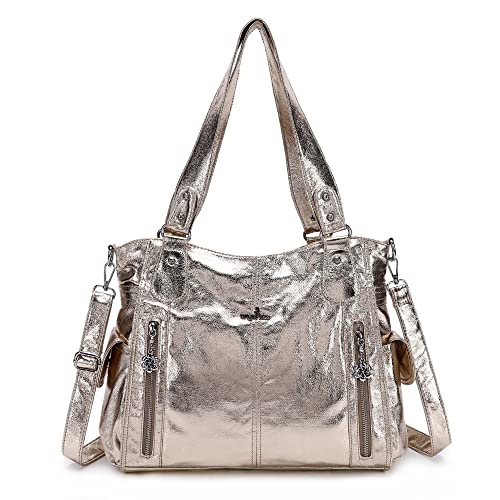 Angel Kiss Handbags for Womens Top-Handle Hobo Purse Roomy Casual Shoulder Bags PU Tote Satchel Purse for Womens 1gold X-Large - Image 1