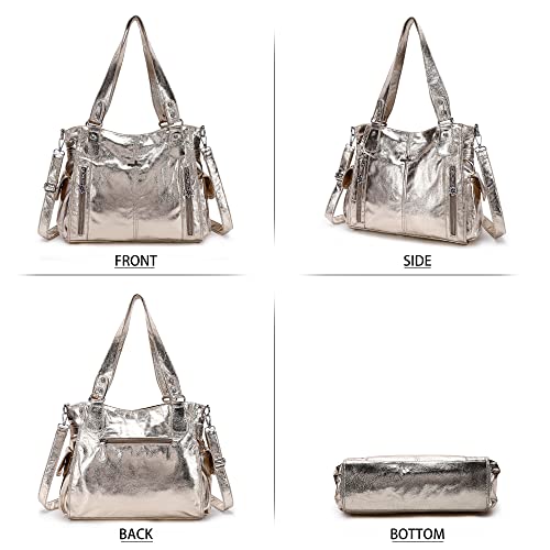 Angel Kiss Handbags for Womens Top-Handle Hobo Purse Roomy Casual Shoulder Bags PU Tote Satchel Purse for Womens 1gold X-Large - Image 3