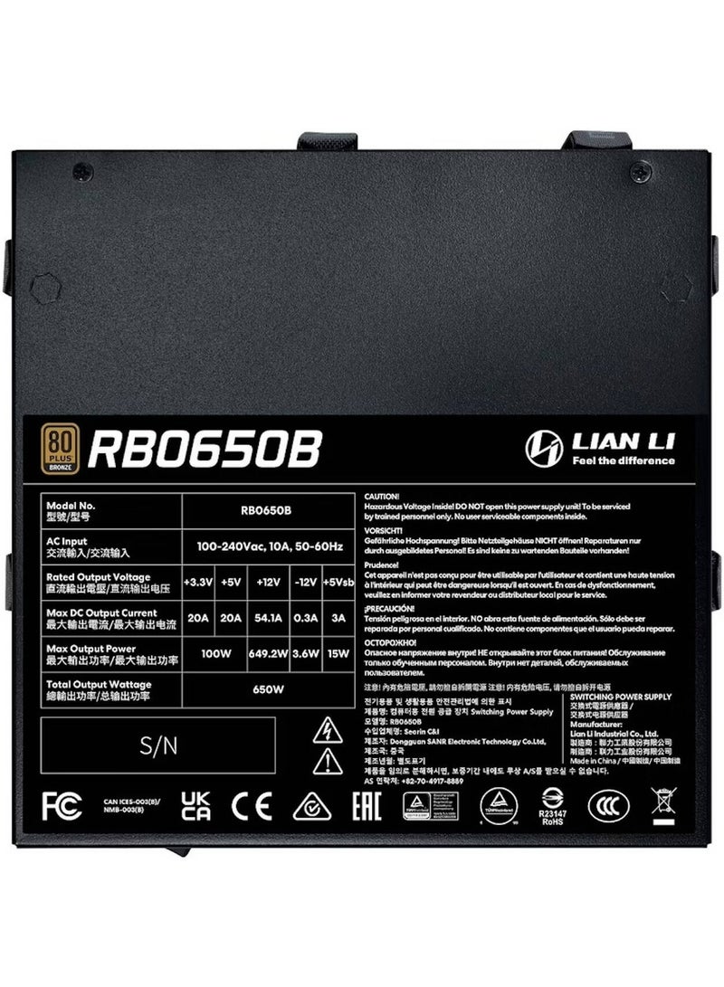 LIAN LI RB0650B 650W Power Supply, 80 PLUS Bronze, ATX 3.1, Native 12V-2x6 PCIe Connector, Non-Modular, 135mm HYB Smart Fan, 150mm Compact Design, Built-in Cable Management, 6 Protection Systems | Black - Image 3