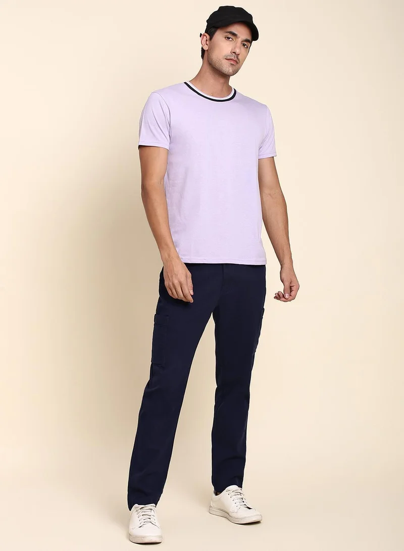 Men's Navy Cotton Blend Solid Full Length Chinos Tapered Fit Trouser
