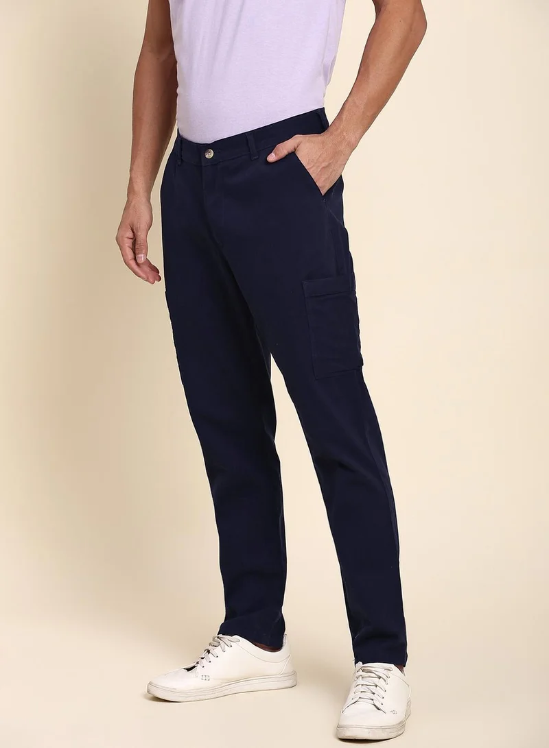 Dennis Lingo Navy Men's Navy Cotton Blend Solid Full Length Chinos Tapered Fit Trouser for Men | Best Price UAE