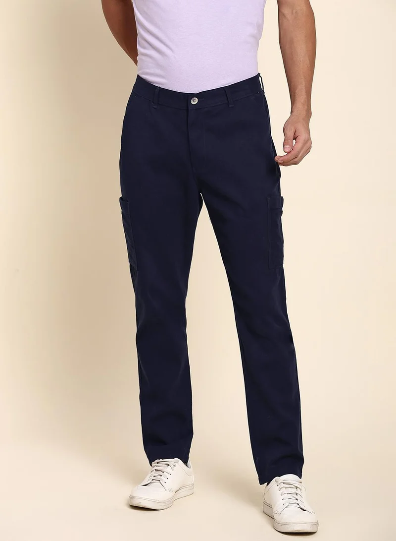 Dennis Lingo Navy Men's Navy Cotton Blend Solid Full Length Chinos Tapered Fit Trouser for Men | Best Price UAE
