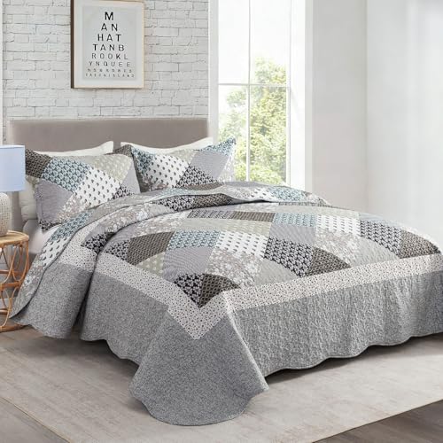 Travan 3-Piece Quilt Set Quilted Bedspread Garden Style Floral Printed Oversized Microfiber Lightweight Coverlet Set with Shams, Exquisite, Queen Size - Image 2