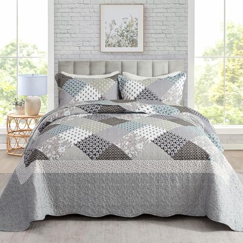 Travan 3-Piece Quilt Set Quilted Bedspread Garden Style Floral Printed Oversized Microfiber Lightweight Coverlet Set with Shams, Exquisite, Queen Size - Image 1