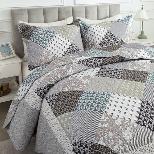 Travan 3-Piece Quilt Set Quilted Bedspread Garden Style Floral Printed Oversized Microfiber Lightweight Coverlet Set with Shams, Exquisite, Queen Size - Image 3