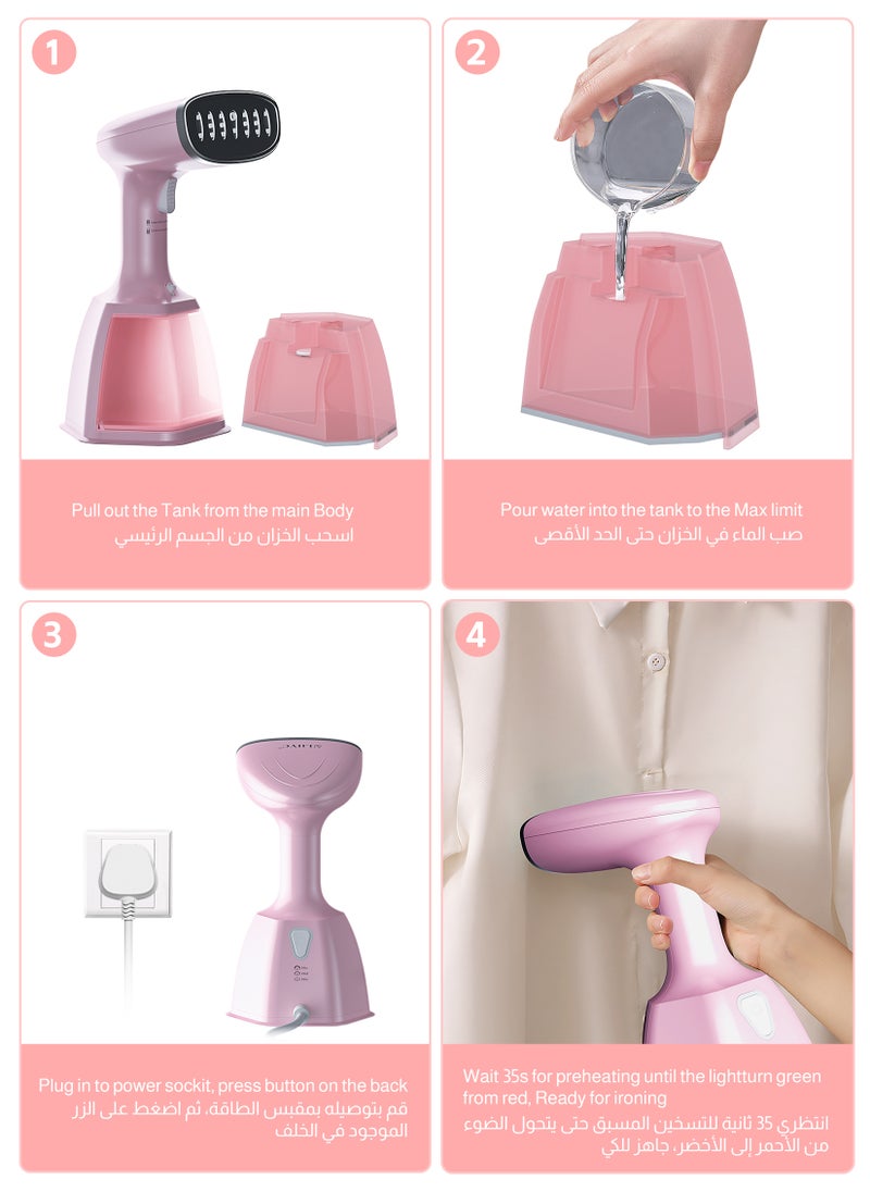 ULHYC 1500W Handheld Steam Iron, Clothes and Fabric Garment Steam Iron, 30S Fast Heating Ironing and Wrinkle Removal, 3 Modes Adjustable, Pink  - Image 5