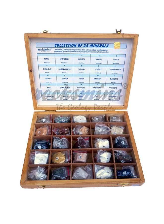 روكسمينز مجموعة Rocksmins من 25 معدنًا في صندوق خشبي MI25WB مجموعة من 25 عينة معدنية كبيرة للطلاب والمدارس والجامعات ومجموعات الجيولوجيا الصخرية للدراسة المثالية وعلوم الأرض والأحجار - Image 1