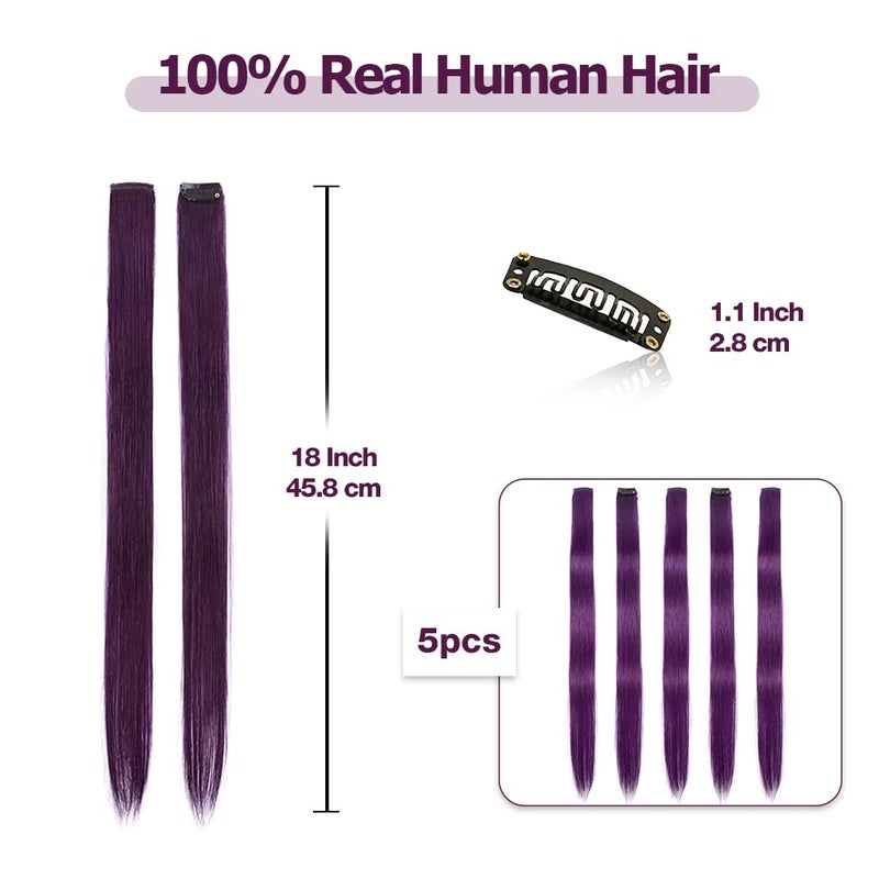Winsky Purple Clip in Hair Extensions - 100% Real Human Hair Colored Girls Halloween Hair Pieces 5 Pieces/Set (18inch,Purple) - Image 2