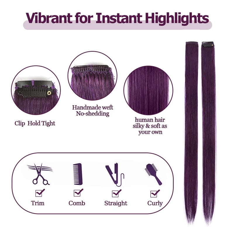 Winsky Purple Clip in Hair Extensions - 100% Real Human Hair Colored Girls Halloween Hair Pieces 5 Pieces/Set (18inch,Purple) - Image 3