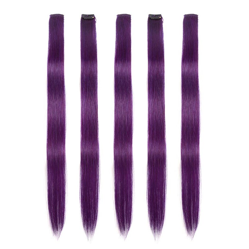 Winsky Purple Clip in Hair Extensions - 100% Real Human Hair Colored Girls Halloween Hair Pieces 5 Pieces/Set (18inch,Purple) - Image 1
