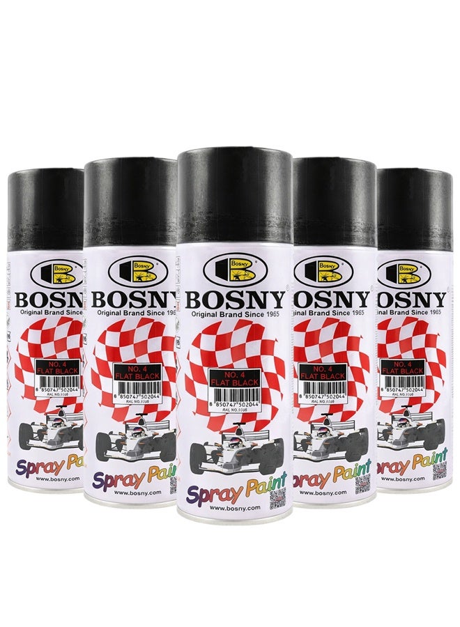 Bosny Spray Paint  5 pcs  Flat Black Aerosol – Fast Dry Matte Finish Paint for Metal Wood Plastic Car DIY Home Use - Image 1