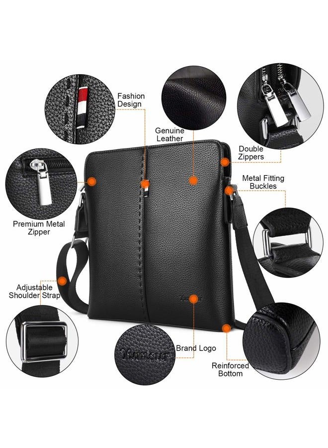 YumSur Mens Shoulder Bag, Genuine Leather Messenger Handbag Crossbody Bag for Men Purse iPad Bag for Business Office Work School with Adjustable Strap Black, Black, One Size - Image 4
