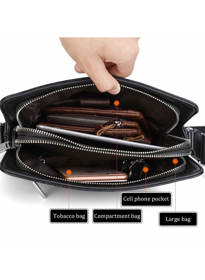 YumSur Mens Shoulder Bag, Genuine Leather Messenger Handbag Crossbody Bag for Men Purse iPad Bag for Business Office Work School with Adjustable Strap Black, Black, One Size - Image 2