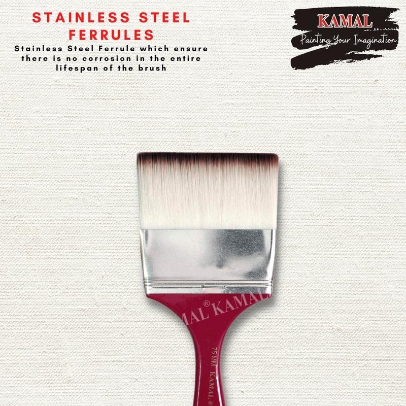 KAMAL Flat WASH (Chapta) White - Brown Synthetic TAKLON Hair Painting Brush - 75MM (3 inches) - Image 4