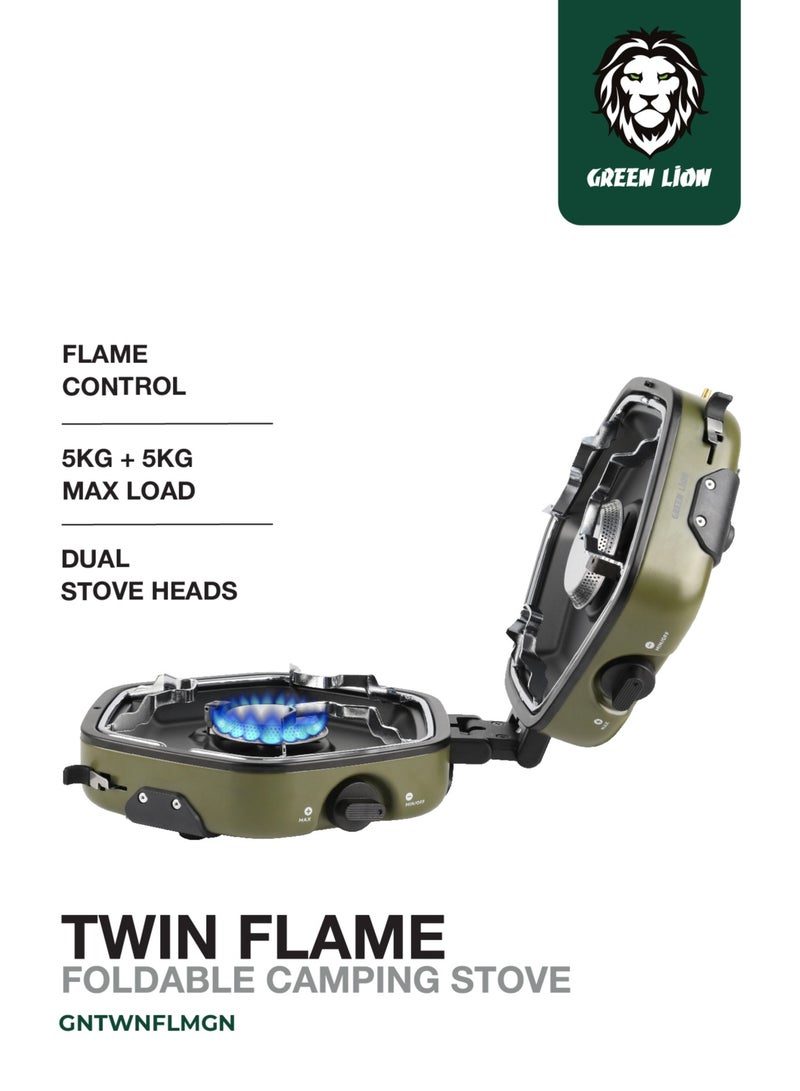 جرين ليون موقد تخييم قابل للطي بشعلتين / حقيبة تخزين متضمنة / موقد من الفولاذ المقاوم للصدأ / إشعال كهربائي / غلاف مقاوم للحرارة / مناسب للتخييم / مقابض تعديل / تصميم قابل للطي / رف غير قابل للانزلاق - أخضر - Image 1