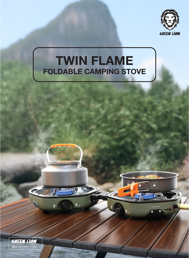 جرين ليون موقد تخييم قابل للطي بشعلتين / حقيبة تخزين متضمنة / موقد من الفولاذ المقاوم للصدأ / إشعال كهربائي / غلاف مقاوم للحرارة / مناسب للتخييم / مقابض تعديل / تصميم قابل للطي / رف غير قابل للانزلاق - أخضر - Image 4